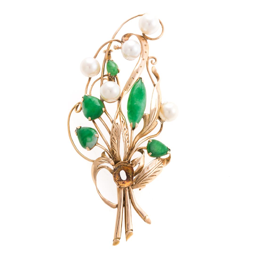 A Lady's 14K Jade and Pearl Floral Pin (1 of 5)