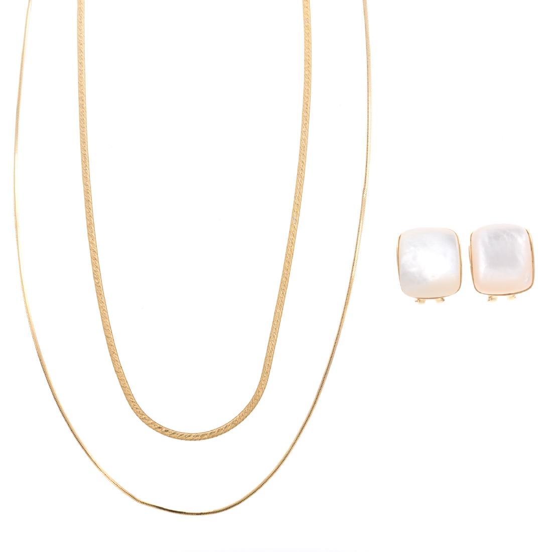 A Pair of Lady's MOP Earrings and Gold Chains (1 of 6)