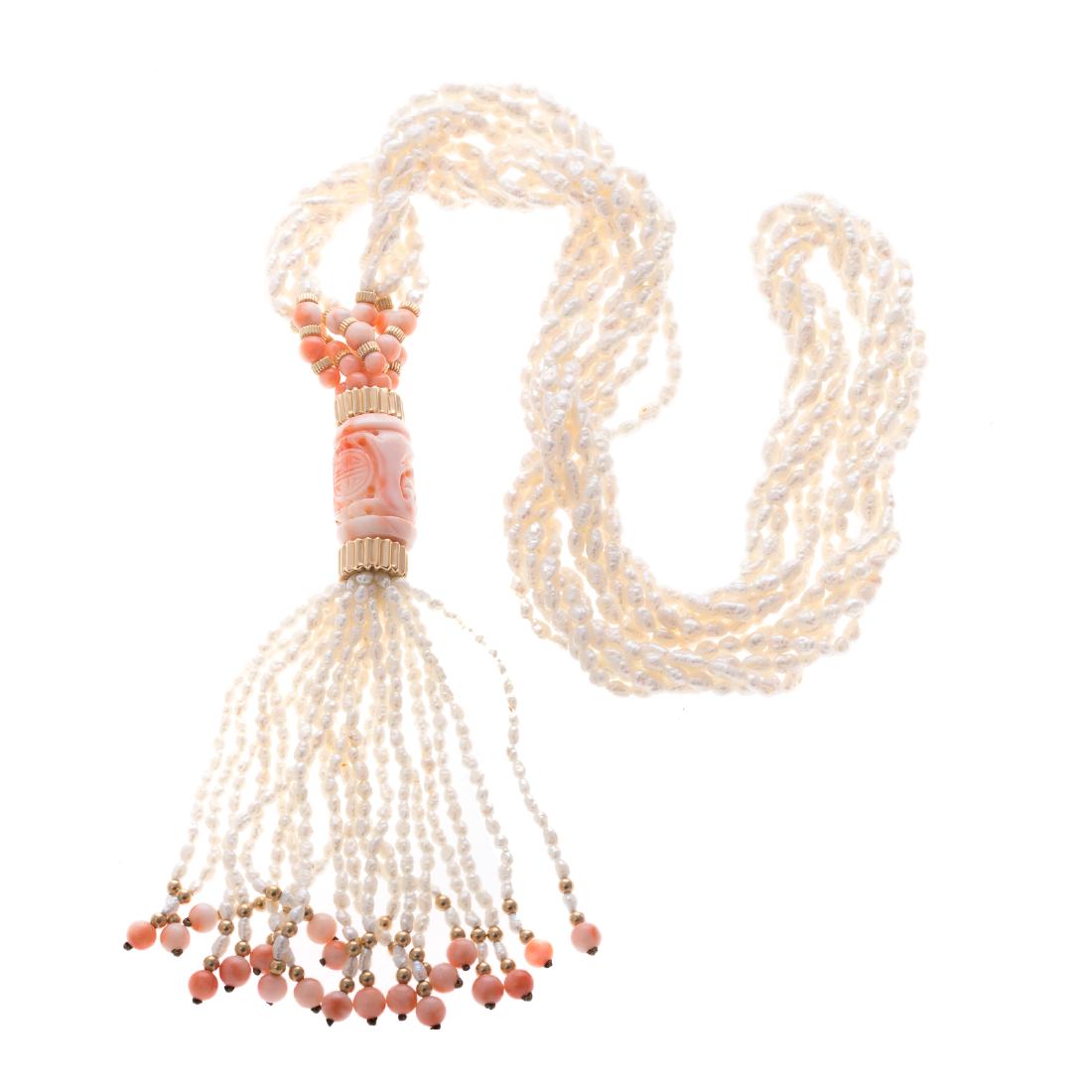 A Strand of Freshwater Pearls & Carved Coral: tassel necklace featuring 6 strands of freshwater pearls twisted together and carved angel skin coral center bead with pearl and smaller coral bead tassel, 24 in. L, 106.4 grams