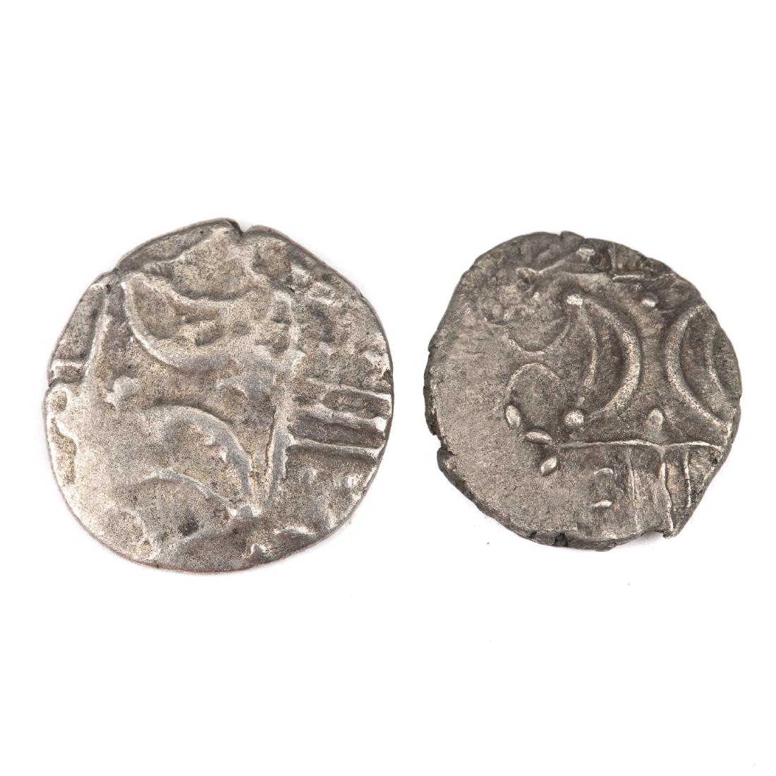 [Ancient] 2 Ecen Celtic Coins, Opposing Crescents: 1- S-445 ABC 1666 Ecen Trefoil, Two Opposing Crescents- Right facing Horse with ECE below 2- S-443A, ABC-1657 Ecen Corn Ear, Two Opposing Crescents, Right Facing Horse; Woolley Collection
