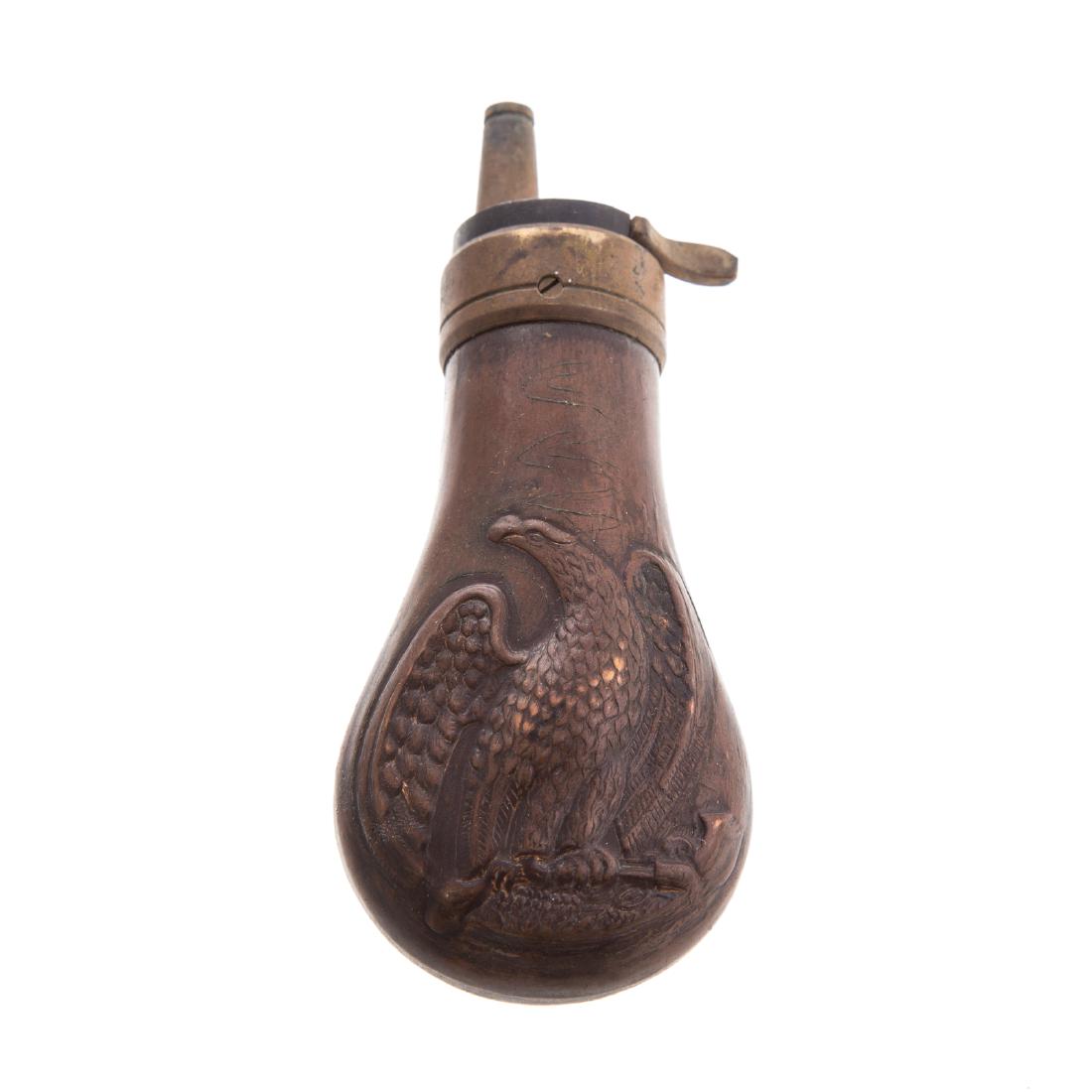 Small metal powder flask: styled after 1851-61 navy model for .36 caliber Colt navy revolver, approx. 4 in. L.