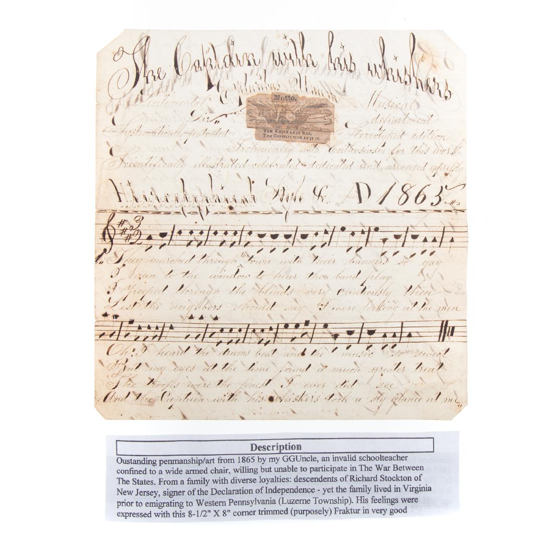 Handwritten song sheet: dated 1865, entitled "The Captain with His Whiskers," comes with purported family history