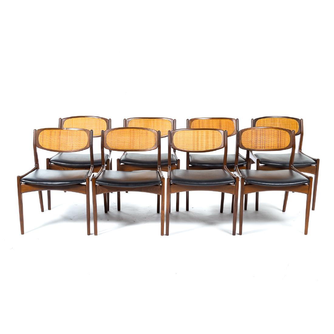 Eight Paul Jensen Danish Modern teak wood chairs: Selig paper label dated, 1969; one arm, seven sides, curved and caned backs, upholstered seats, tapered straight legs, arm, 28 1/2 in. H., 22 in. W. 20 in. D., sides, 28 1/2 in. H., 21 in. W., 20 in.