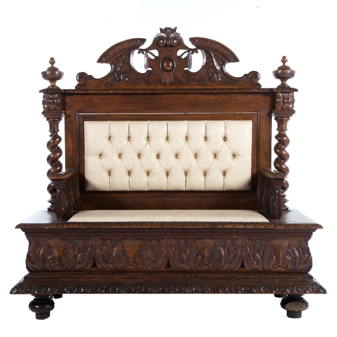 Elizabethan Revival carved oak hall bench (1 of 6)