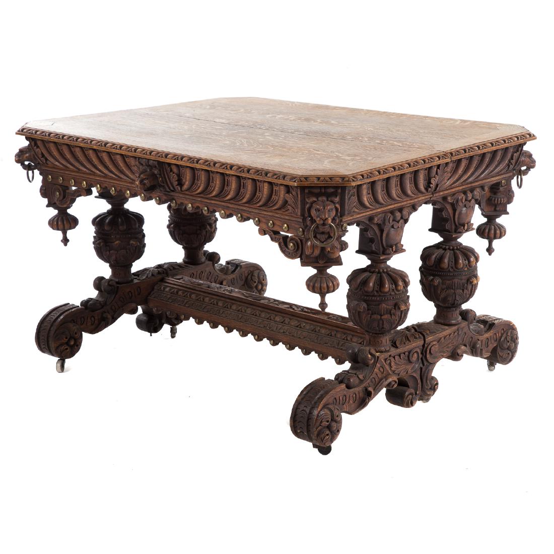 Elizabethan Revival carved oak library table (1 of 6)