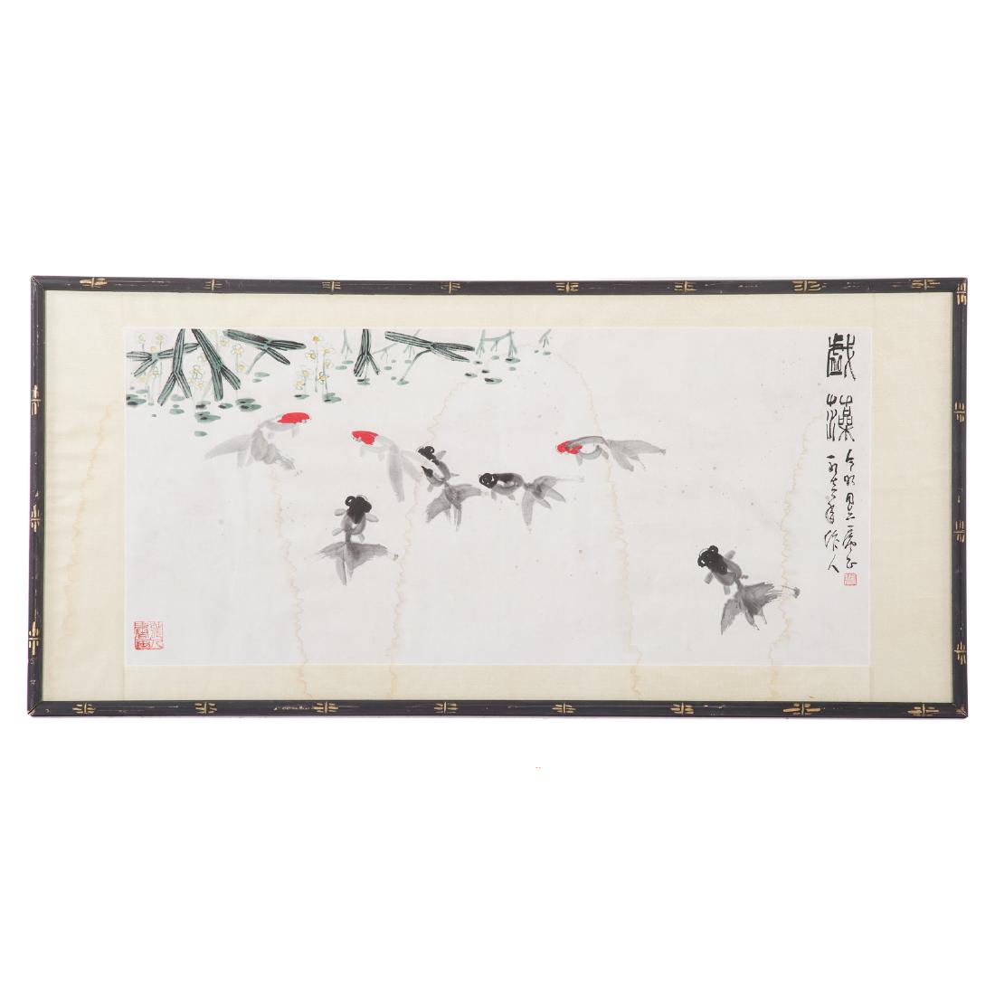 Chinese School 20th century gouache: carp among water plants, pigment on paper, calligraphy and chop marks, 38 x 17 in., in ebonized gilt accented bamboo type frame