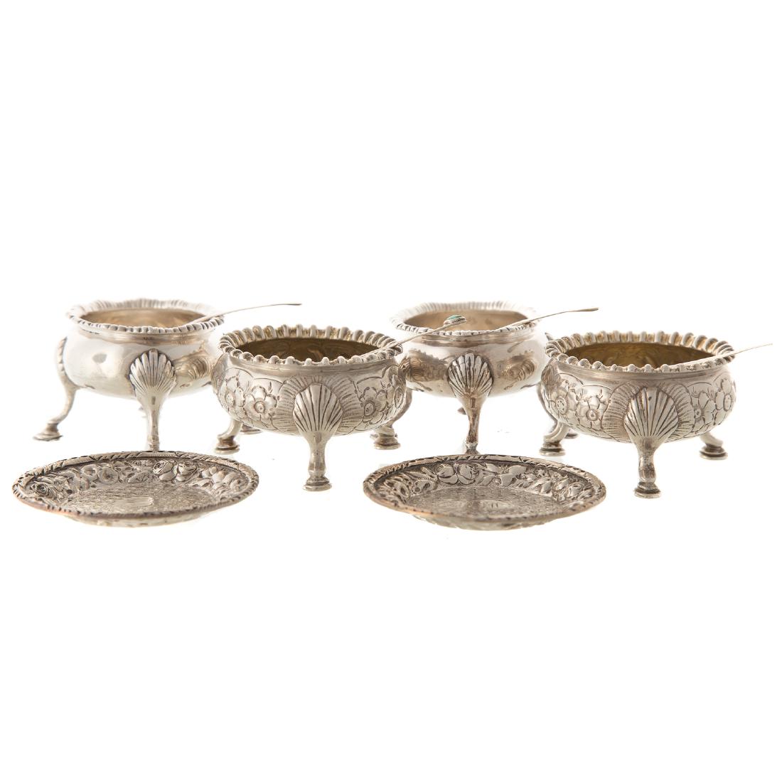 A.E. Warner coin silver salts spoons & butter pats: Baltimore, 19th century, 6 items, comprising: pair A.E. Warner salt cellars and spoons, and pair Warner butter pats; together with pair Georgian silver salts and pair Mexican sterling salt spoons with