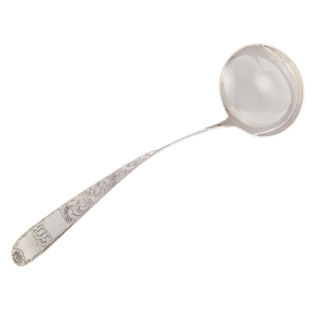 A. E. Warner coin silver soup ladle: Baltimore, early 19th century, in the Mayflower pattern, 13 in. L., 6.20 ozt.