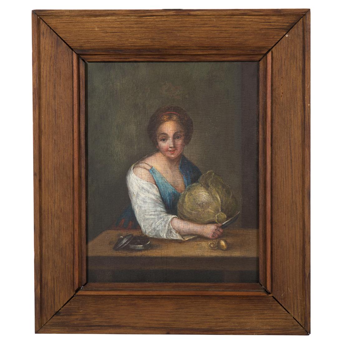 French School, 19th c., Woman Cutting Cabbage, oil (1 of 3)