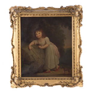 American School, 19th c. Girl with Pull Toy, oil: Attributed to Alfred Jacob Miller (American, 1810-1874), or William James Howard (American, 19th century), on label on verso, oil on canvas, circa 1830, 14 x 12 in., framed; From the Estate of Charles