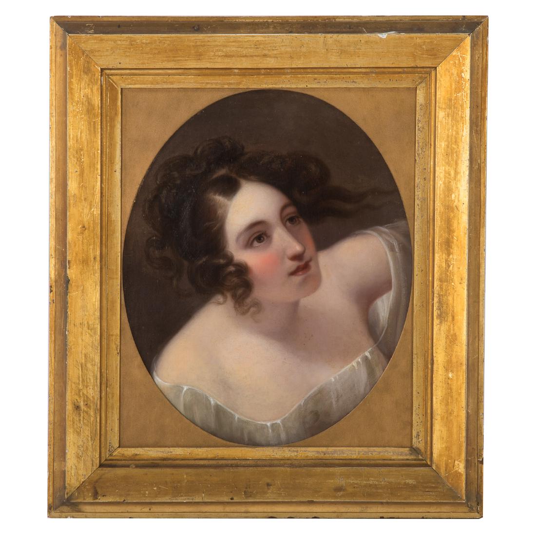 Manner of Thomas Sully. Young Woman, oil: (American, 1783-1872). Oil on artist board, possible "T.S." monogram in dress, 21 3/4 x 18 in., framed; From the Estate of Charles E. Scarlett, Jr., contents of Whitehall, a National Historic Landmark