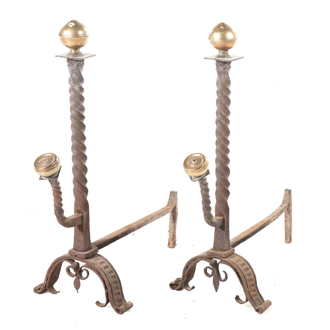 Pair late Victorian Arts and Crafts style iron andirons (1 of 5)