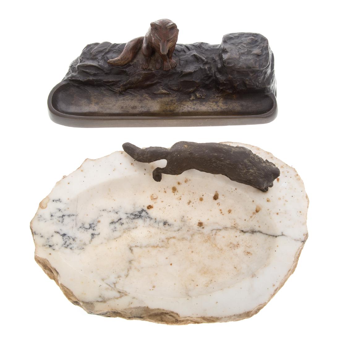 Bronze fox standish & bronze/marble fox ash tray (1 of 5)