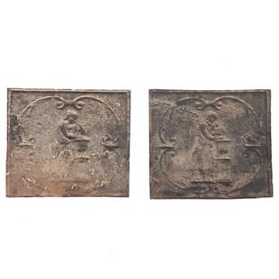 Pair cast iron relief firebacks: 18th century; each having central relief image of Hestia, Greek goddess of hearth and home, 17 x 19 in.; From the Estate of Charles E. Scarlett, Jr., contents of Whitehall, a National Historic Landmar