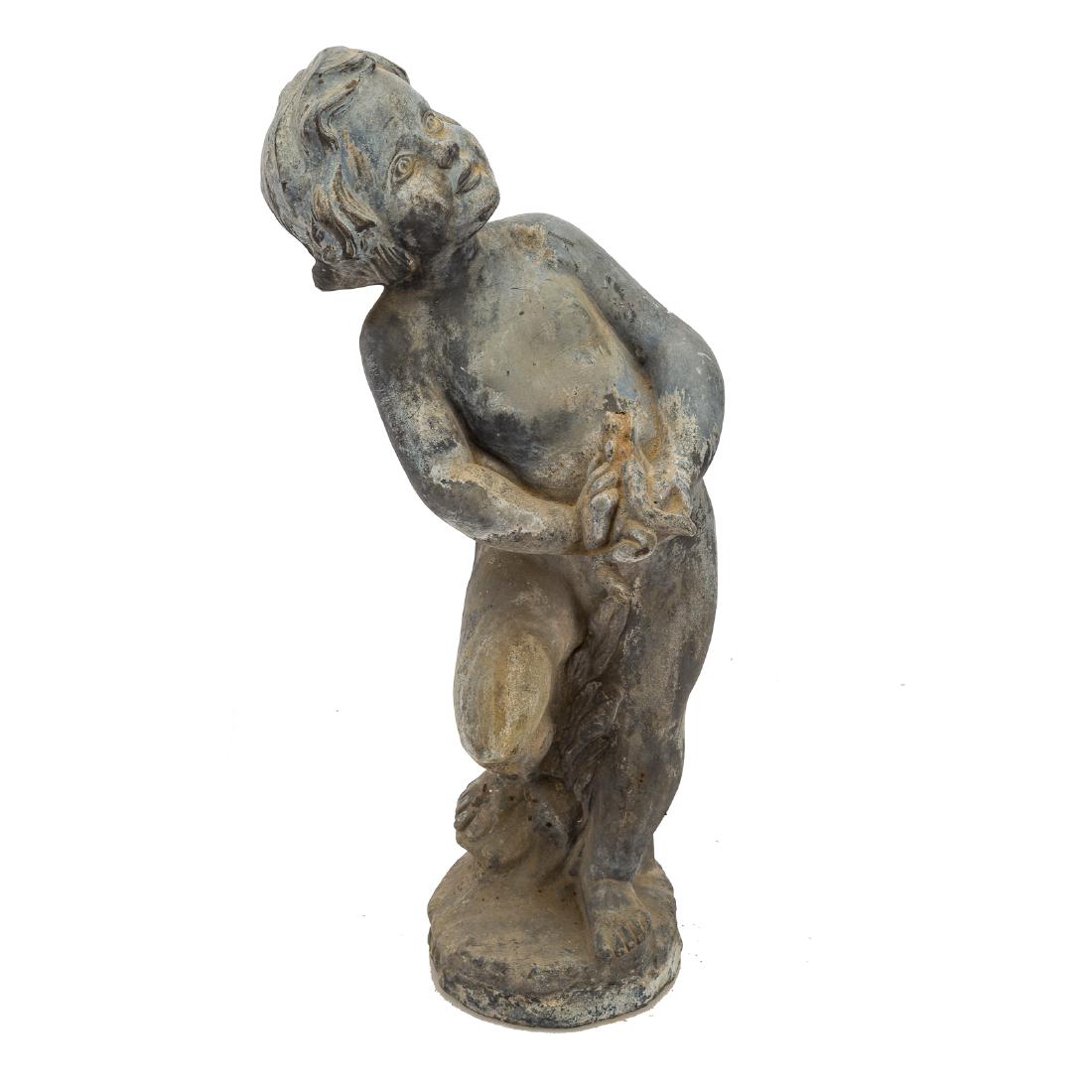 Cast lead fountain figure: 19th century; modeled as child standing among cattails holding a small frog, which serves as fountainhead, 16 in. H.; From the Estate of Charles E. Scarlett, Jr., contents of Whitehall, a National His