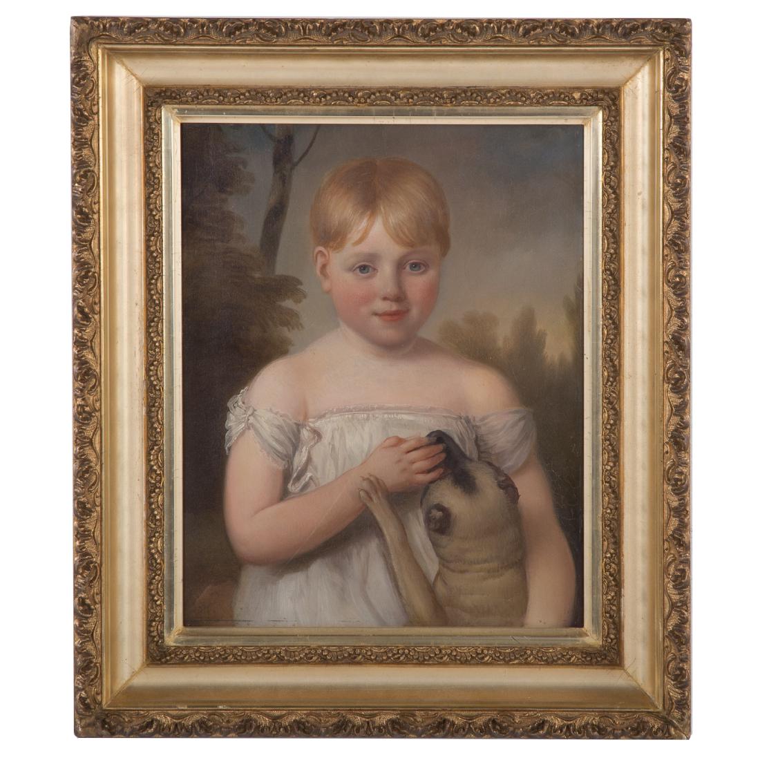 American School, 19th c. Child with Dog, oil (1 of 3)