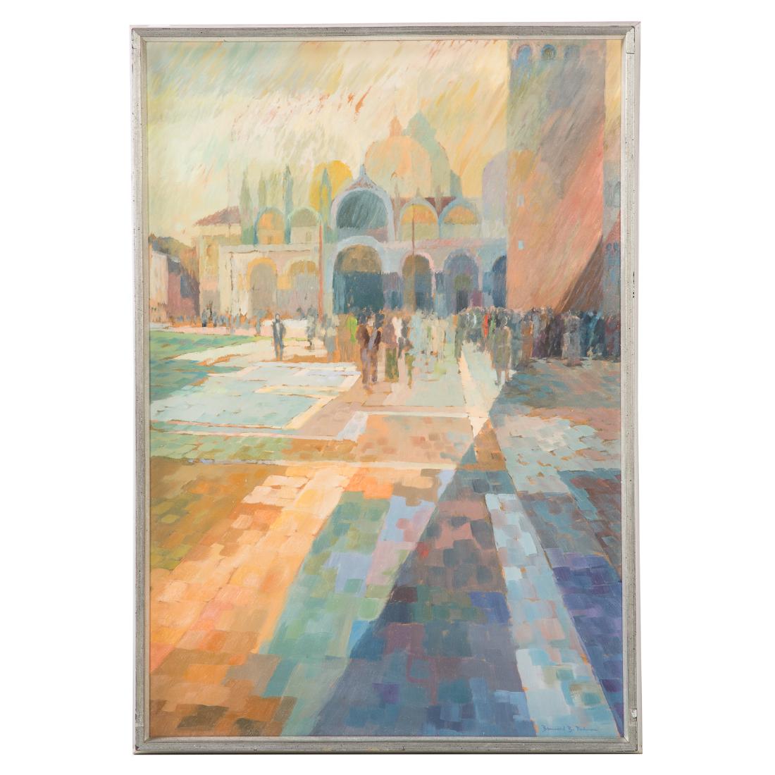 Bennard Perlman."Summer Day in Venice," oil: Bennard Bloch Perlman (American, 1928-2016). "Summer Day in Venice: The Piazza of San Marco," oil on masonite, signed "Bennard B. Perlman" lr, 32 x 22 in., framed