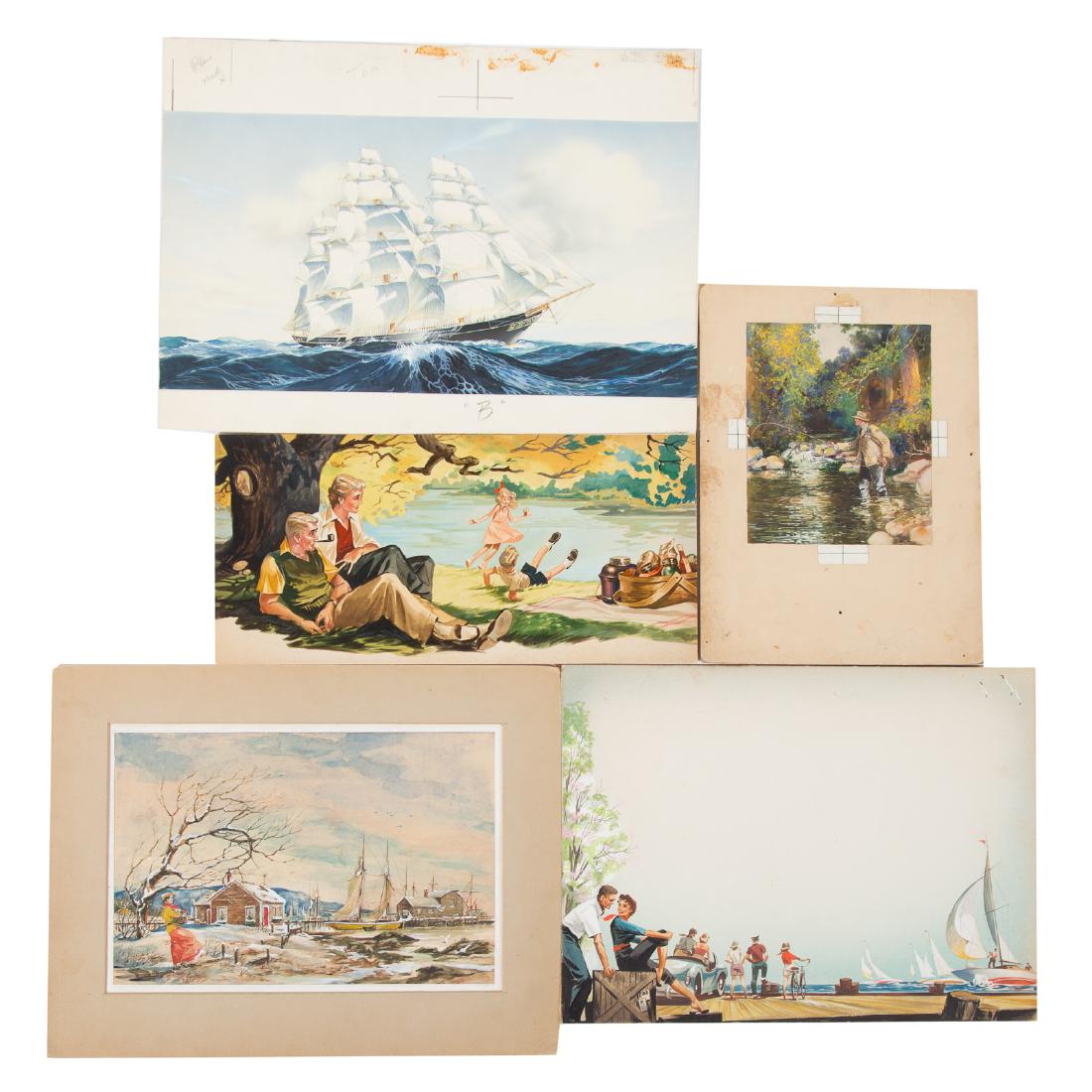 Five unsigned assorted watercolor illustrations (1 of 6)