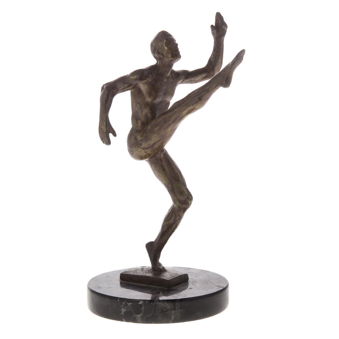 Joseph Brown,Sketch for Punter bronze maquette: (American, 1909-1985). Nude male athlete, signed on bronze base, "Punter Joe Brown 1935," 9 1/4 in. H., mounted on circular marble base and inscribed, "Sketch for Punter Joe Brown 1935," 5 in. Diam.