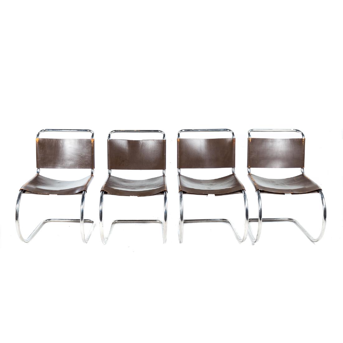 Mid-century Modern Knoll MR 533 side chairs: Mies Van Der Rohe; circa 1970; cantilever stainless steel frames, saddle leather backs and seats, 31 in. H., 19 1/2 in. W., 24 in. D.
