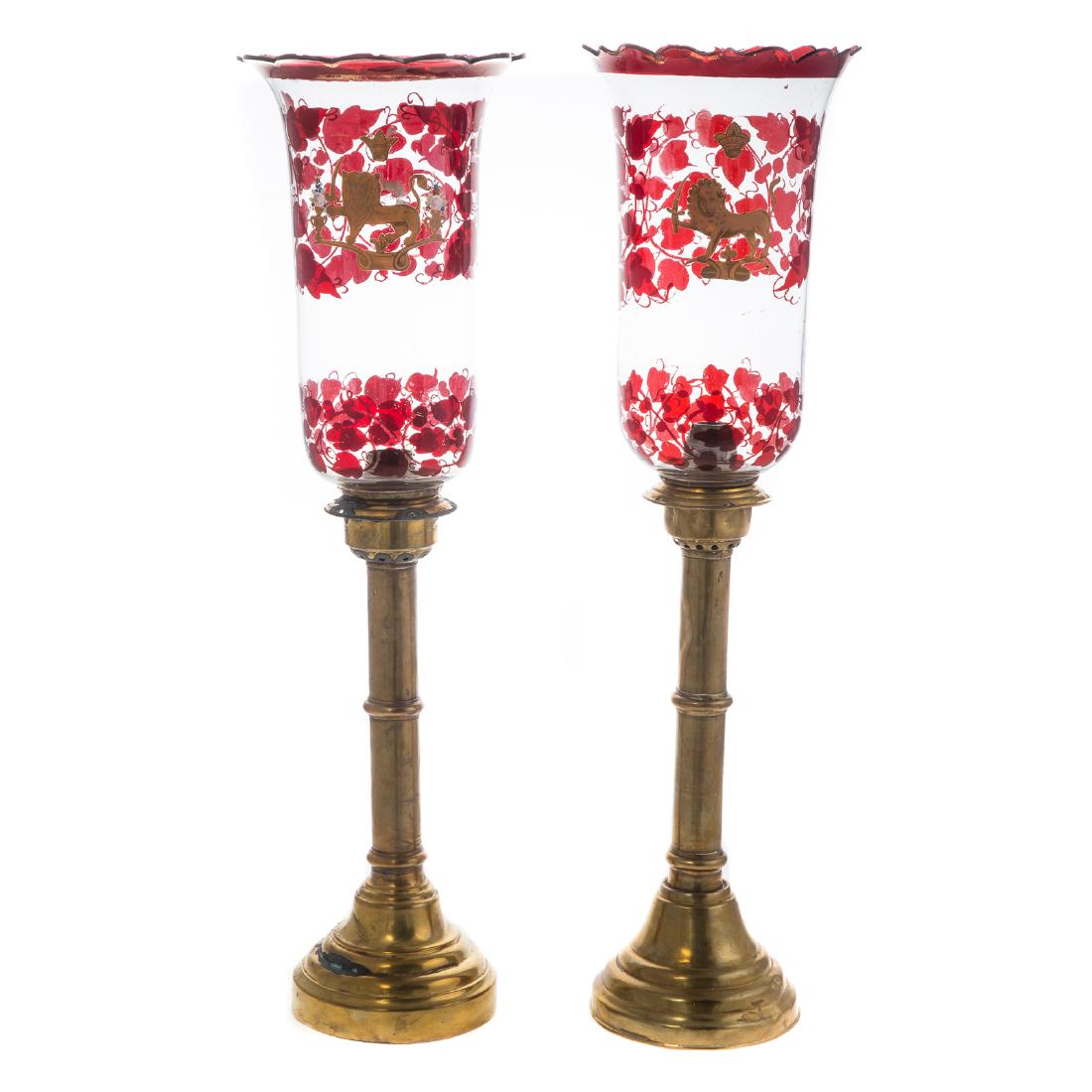 Pair Russian brass candlesticks with enamel shades (1 of 5)