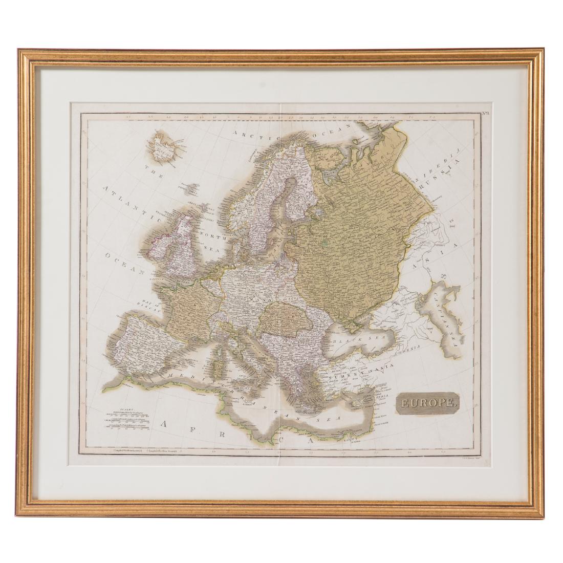 John Thomson. Europe hand-colored map: (Scottish, 1777-1840). Steel plate engraved hand-colored map, dated 1813, 21 1/2 x 19 in., in giltwood frame