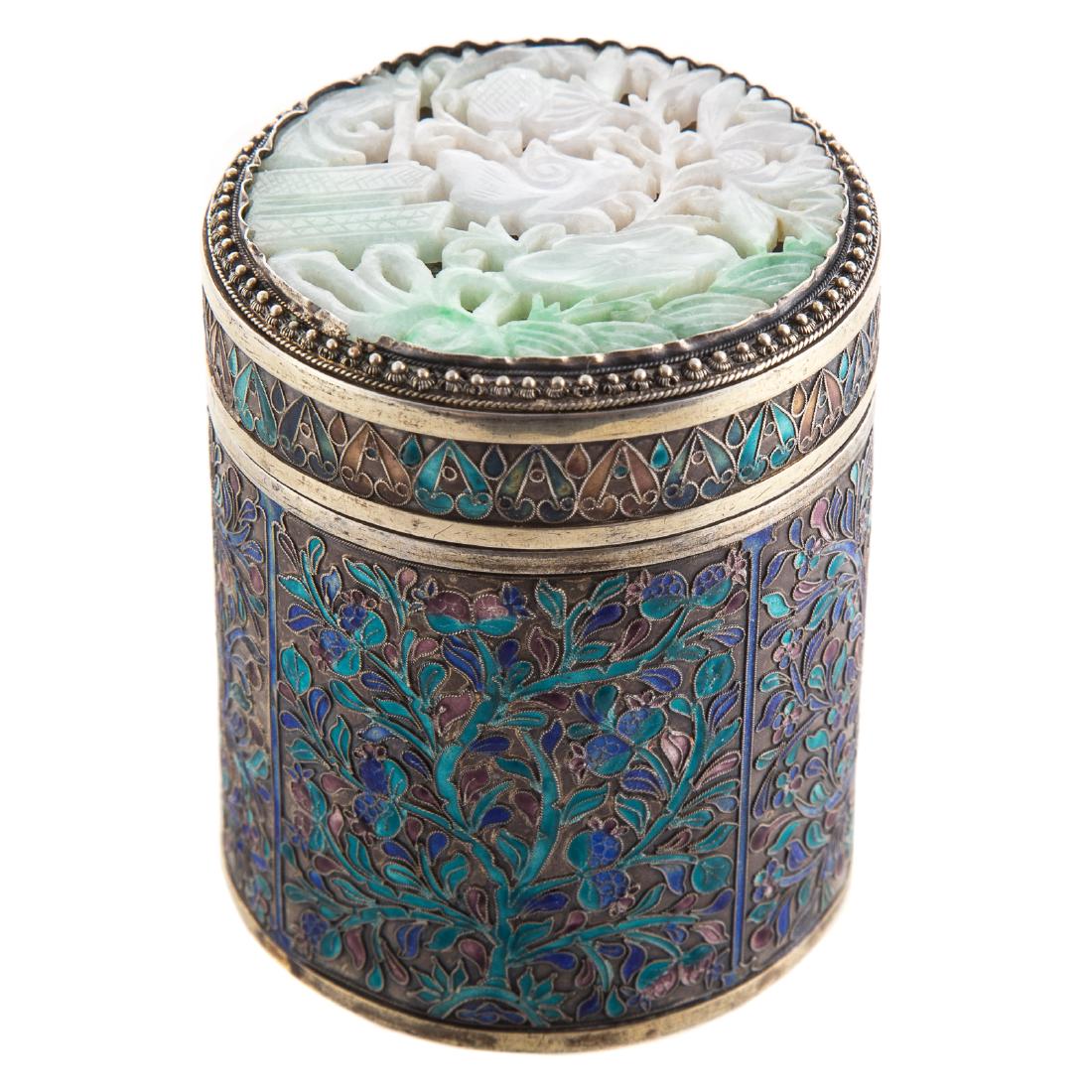 Chinese gold washed enamel silver and jade box (1 of 6)