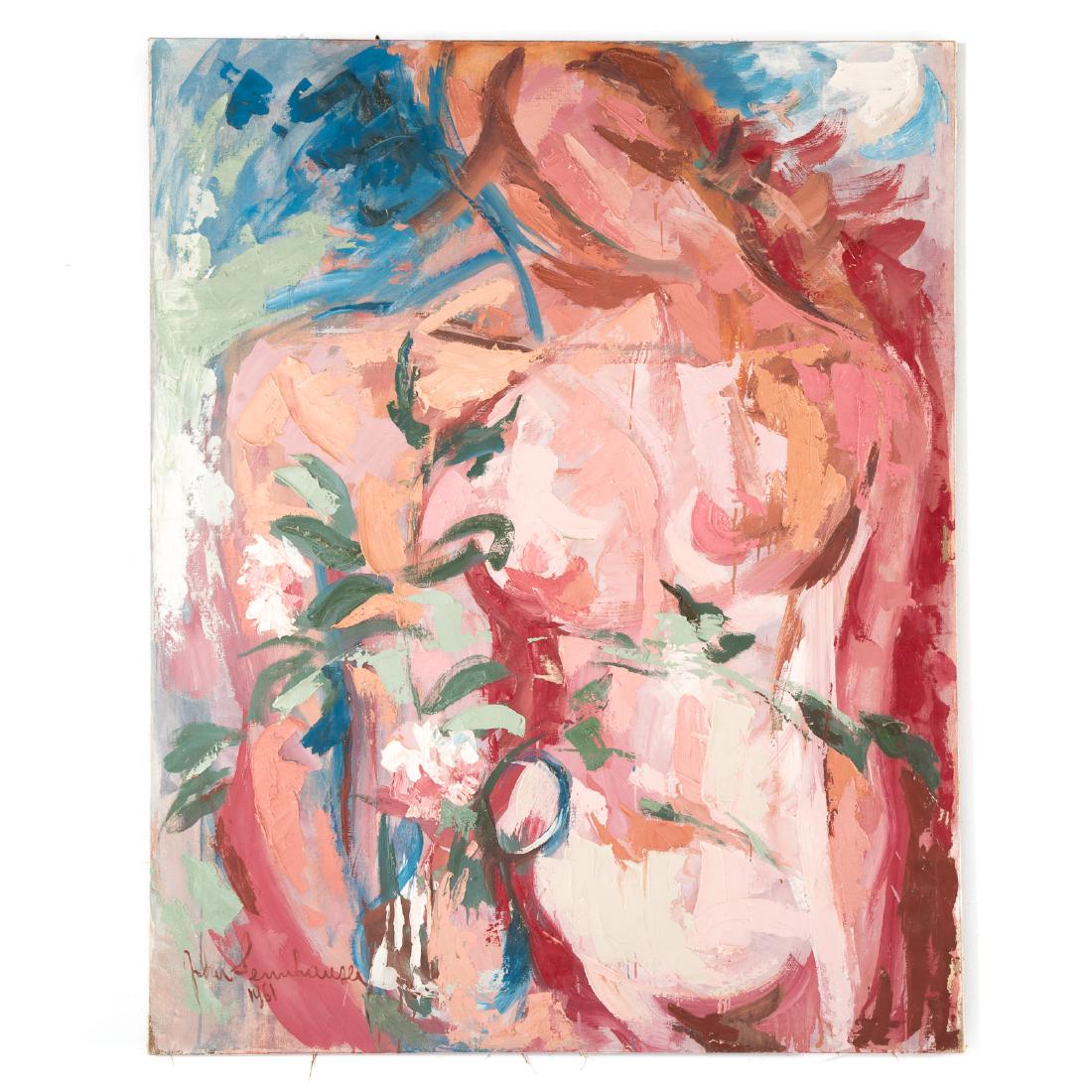 John Sennhauser. "Lovers VIII," oil on canvas: (Swiss/American, 1907-1978). Signed and dated "John Sennhauser, 1961" ll, signed, titled and dated on verso, stamped "Victor Claessens, Waereghem, Belgique" on verso, 50 x 40 in., unframed; From a pri