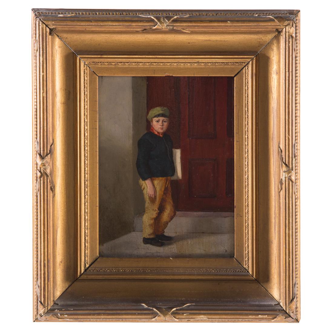 Howard Hemick. "Newsboy," oil on panel: (American, 1805-1947). Signed "Hd. Hemick" and titled on verso, 8 1/2 x 6 1/4 in., framed; Estate of Dr. William M. King, Fort Lauderdale, FL.