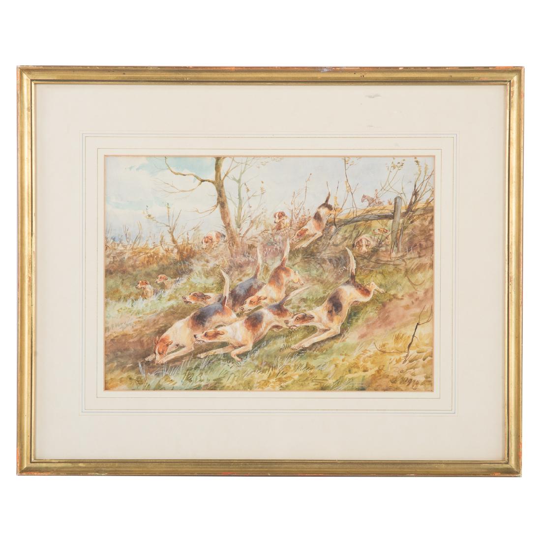 Arthur Davis. Fox Hounds on the Scent, watercolor: Arthur Alfred Davis (British, 1824-1893). Watercolor and gouache on paper, signed "Arthur A Davis" and dated 1910 lr, sight size: 9 3/4 x 13 3/4 in., framed