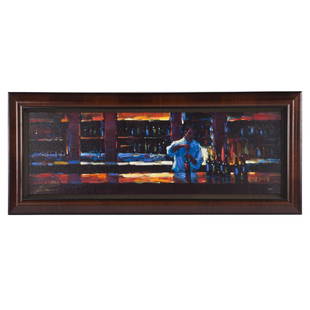 Michael Flohr. "Uncorked", mixed media: (American, b. 1975). 2007, giclee on canvas with hand embellishments, ed. 158/195, signed "Flohr" ll, numbered lr, 16 x 48 in., framed.; COA attached to verso