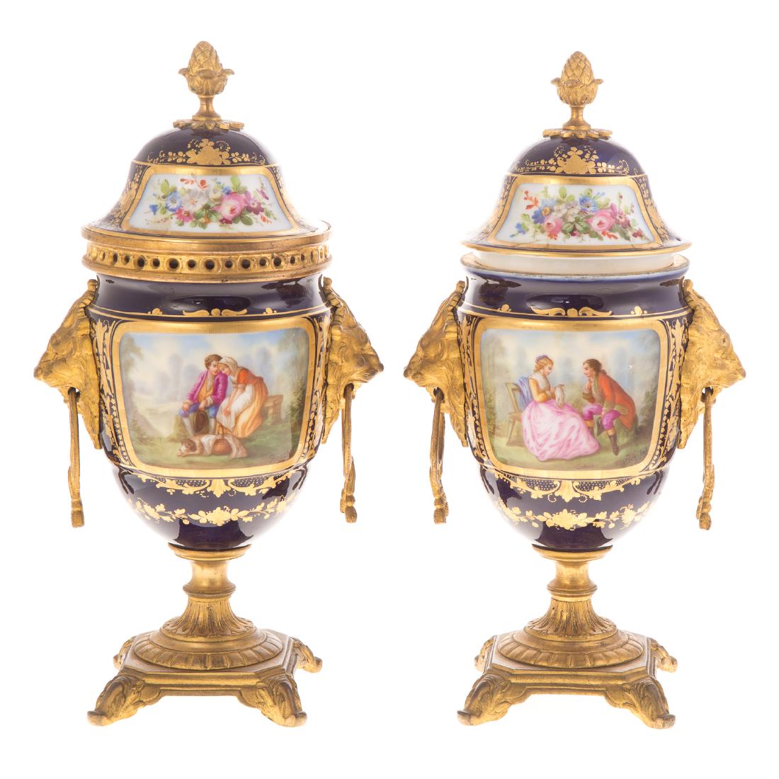 Pair Sevres manner gilt-metal-mounted urns (1 of 8)