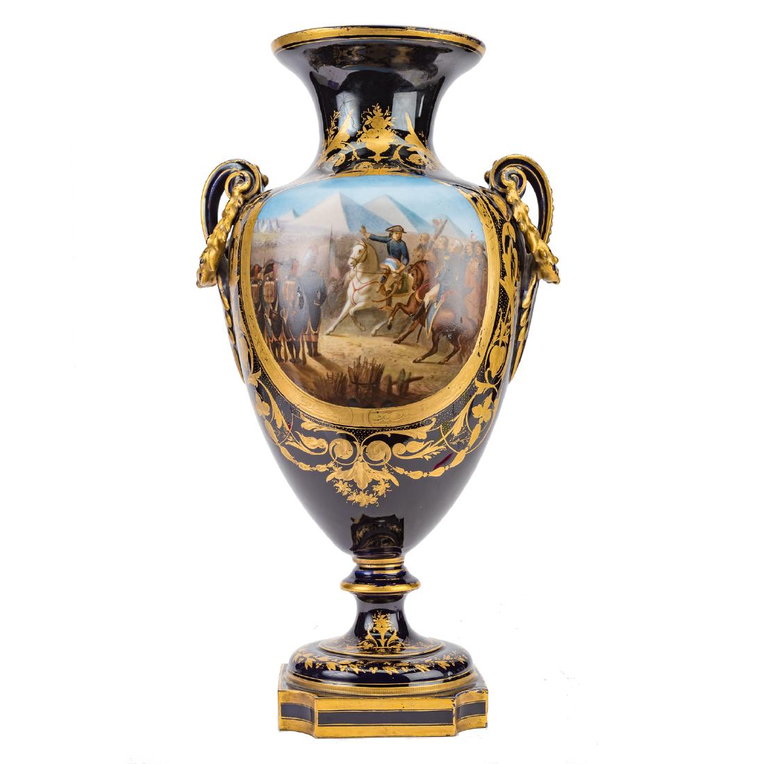 Sevres style Napoleonic porcelain vase: bleu du roi ground with Napoleonic and scenic decoration, pseudo Sevres mark, 20 1/2 in. H.