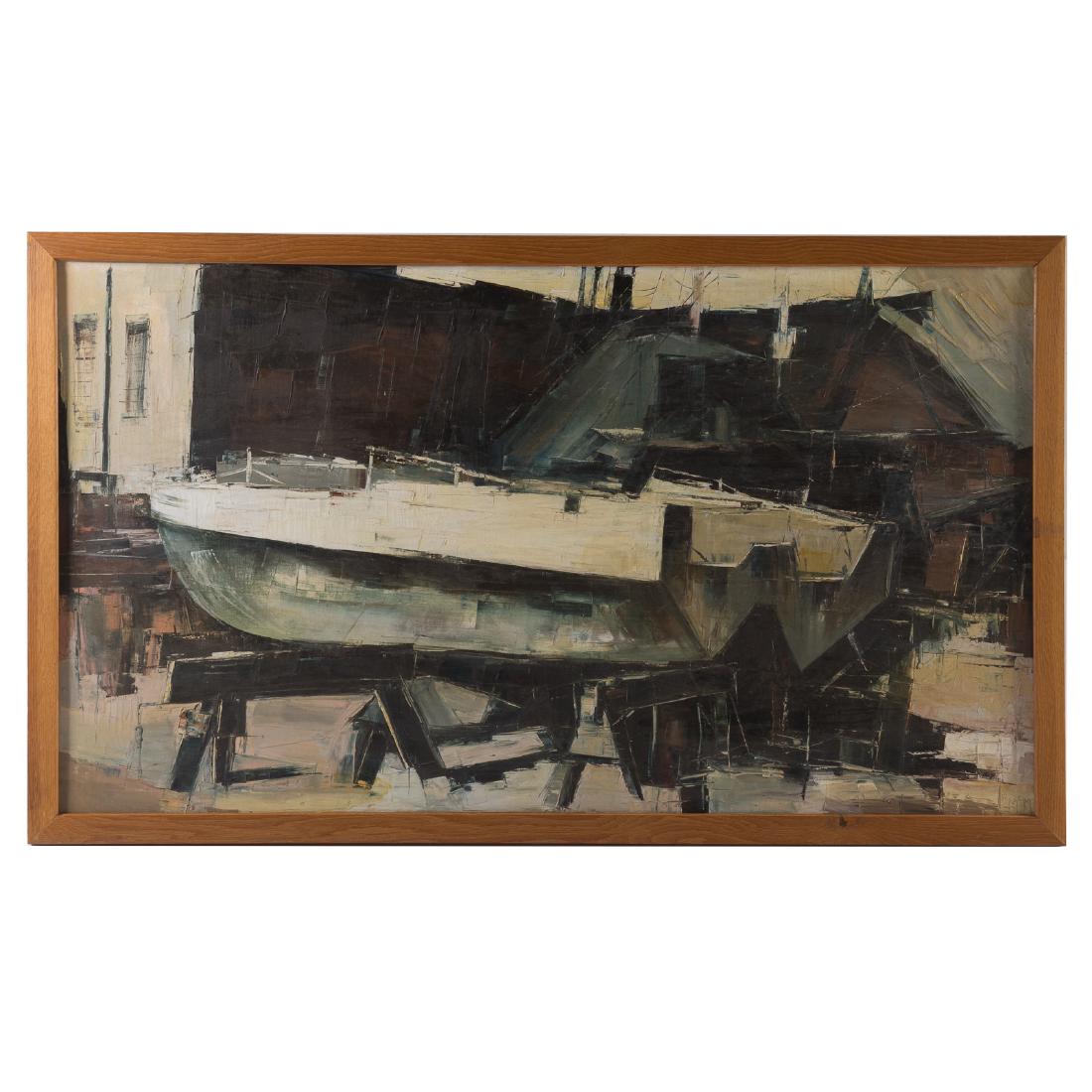 20th c. Artist Unknown. Boat at Drydock, oil (1 of 3)