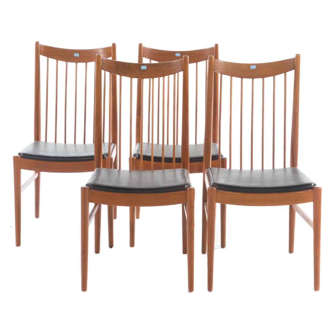 Four Arne Vodder Danish teak side chairs: Sibast, ca. 1960; curved crest rails, vertical spindle backs, round tapered stiles, slip seats, tapered round legs, 38 1/2 in. H., 19 1/4 in. W., 20 1/4 in. D.