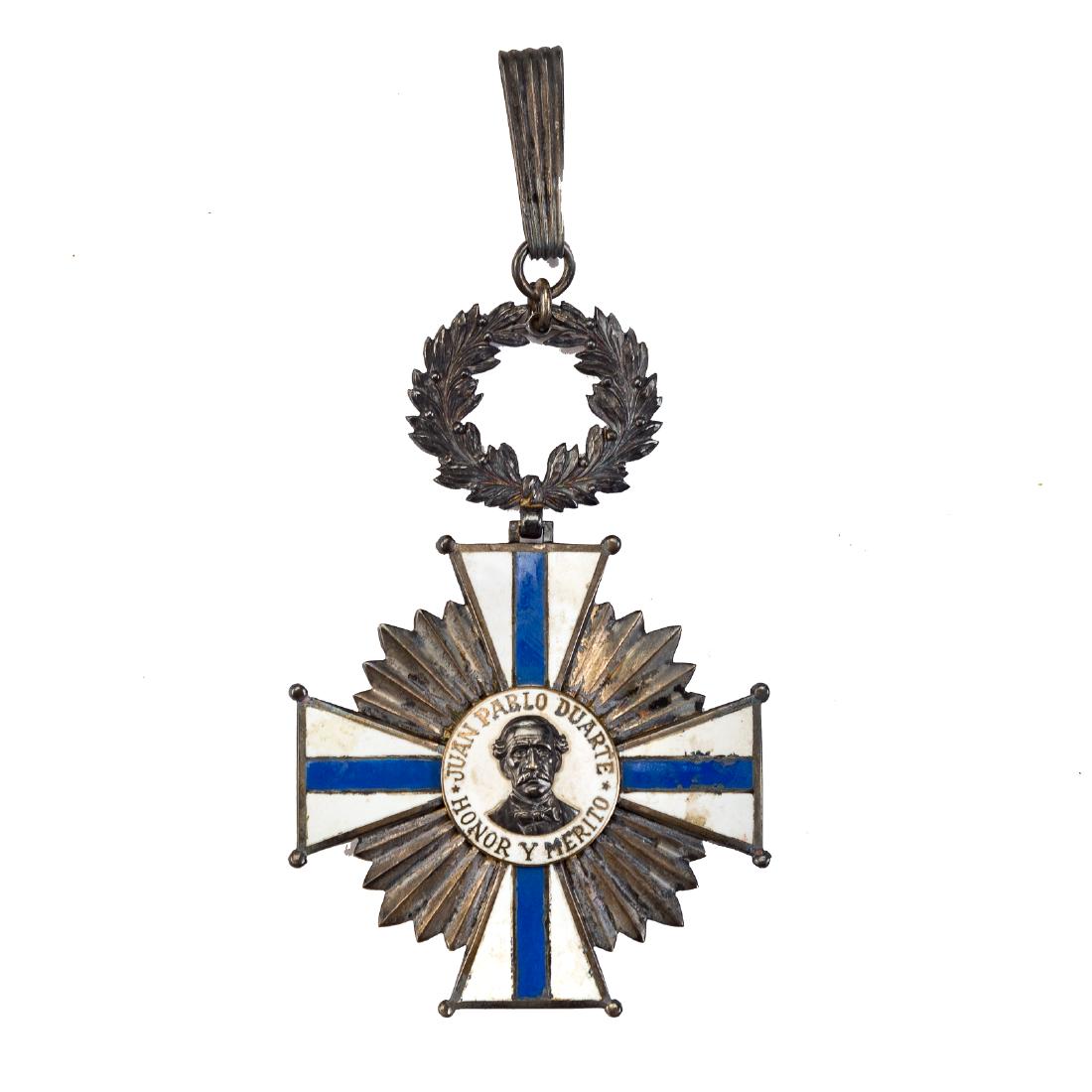 Dominican Republic: Order of Merit: cross-breast star, enameled metal, inscribed "Juan Pablo Duarte, Honor y Merito," 2 1/4 in. sq