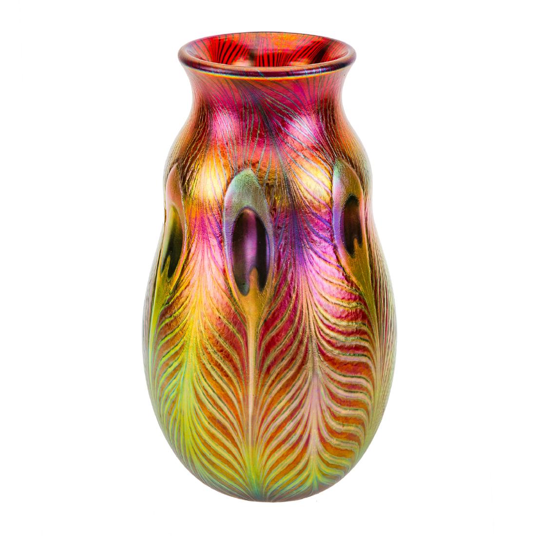 Charles Lotton, red iridescent peacock glass vase (1 of 5)