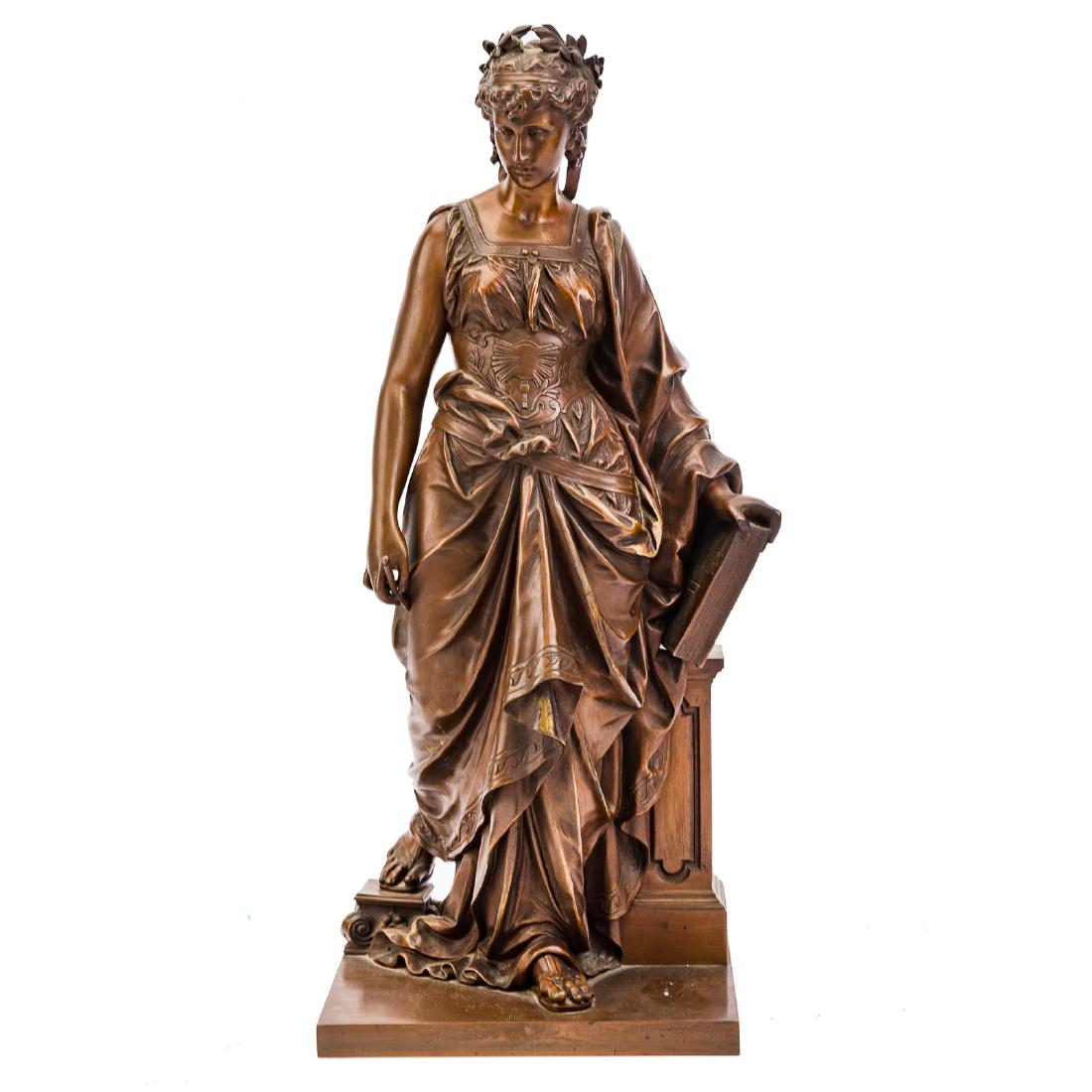Eutrope Bouret. Clio, Muse of History bronze: (French, 1833-1906). Classical maiden holding book, signed "Bouret," 16 1/2 in. H.