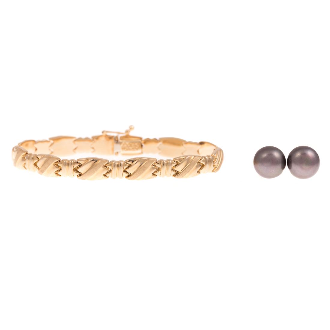 Ladies 14K Gold Bracelet & Pair Black Pearl Studs (1 of 4)