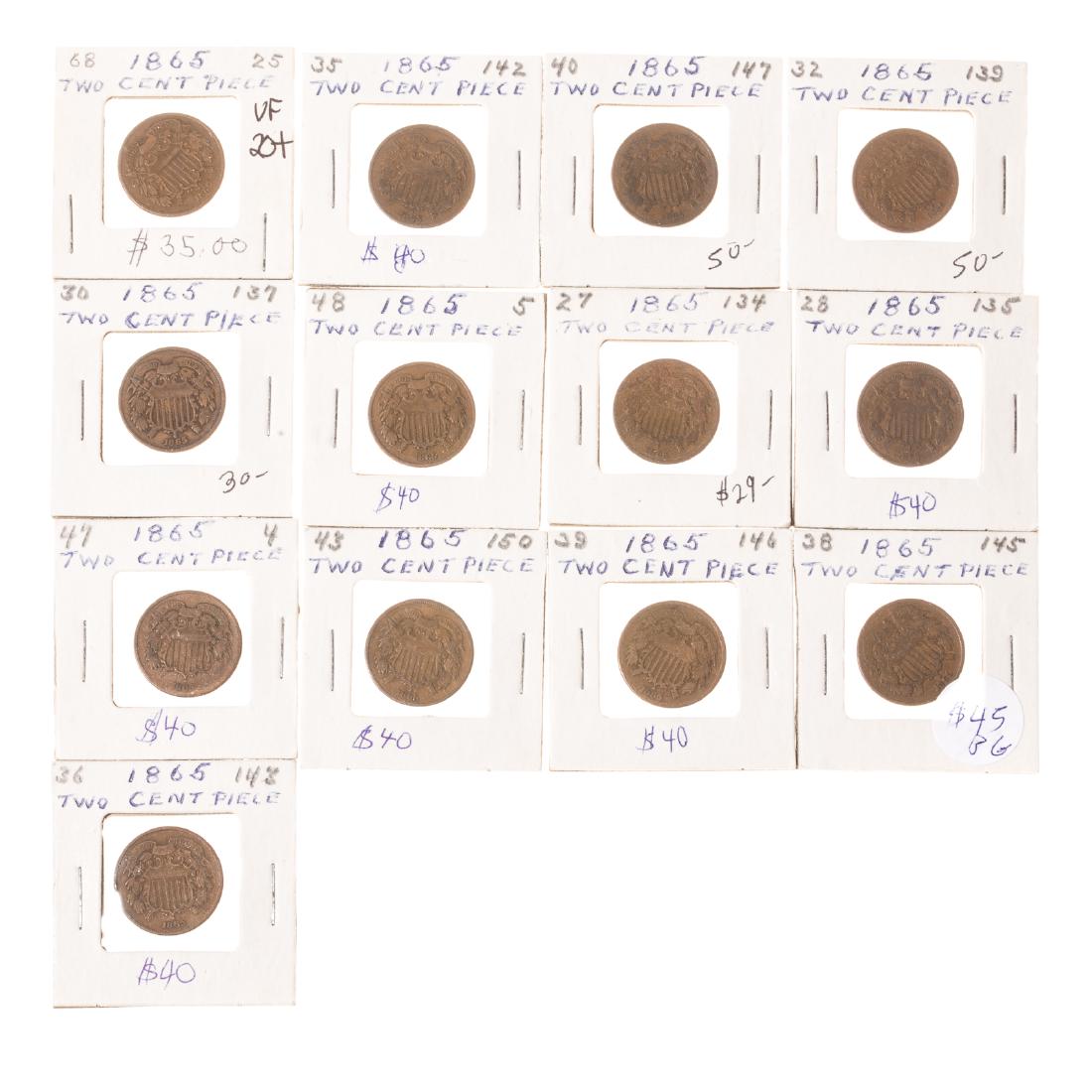 Fifteen 1865 Two Cent Pieces G to VF (1 of 3)