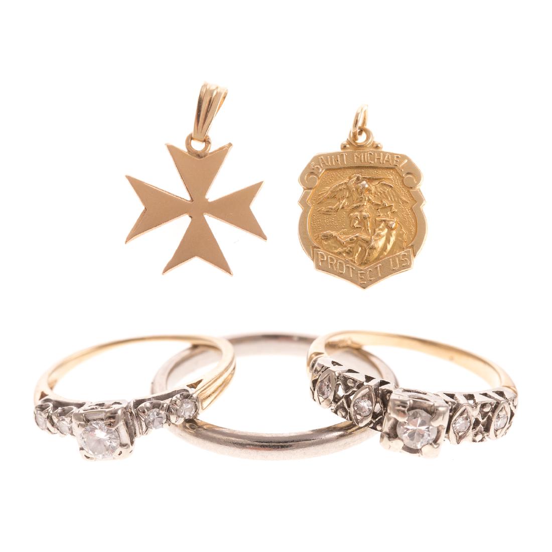 A Collection of Diamond Rings & Charms in Gold: 1) Platinum wedding band, 2mm W, sz 7, 2) pair 14K yellow gold diamond rings, sz 3 and 3) pair of 14K yellow gold charms, St Michael and Maltese cross, 9.7 grams tw