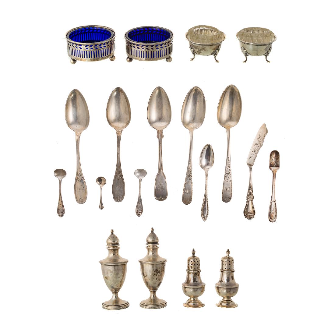 Assorted sterling tableware incl. Tiffany & Kirk: 14 pieces, including: pair Kirk standing pepper shakers, pair cobalt glass lined salt cellars, pair English standing peppers, pair Kirk "Mayflower" serving spoons, Tiffany serving spoon, 2 other servi