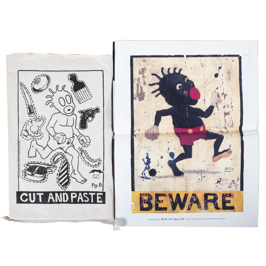 Michael Ray Charles. "Cut & Paste," lithographs: (American, b. 1967). Show catalogue encased in original flour sack bag, 23 1/2 x 14 in., unframed; From the Collection of Evangeline "EJ" Montgomery, Washington, DC