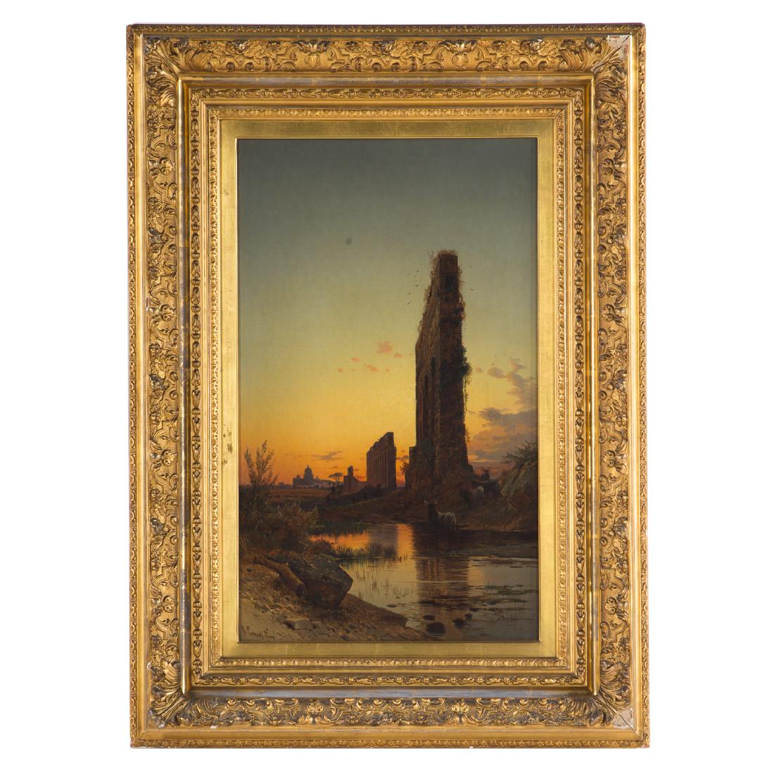 Hermann D.S. Corrodi. Roman Aqueduct, oil: Hermann David Salomon Corrodi (Italian, 1844-1905). Roman Aqueduct with Cattle and View of St. Peter's Basilica, oil on canvas, signed "H. Corrodi, Roma" ll, 28 x 17 in., framed; Estate of Shoshana Ca