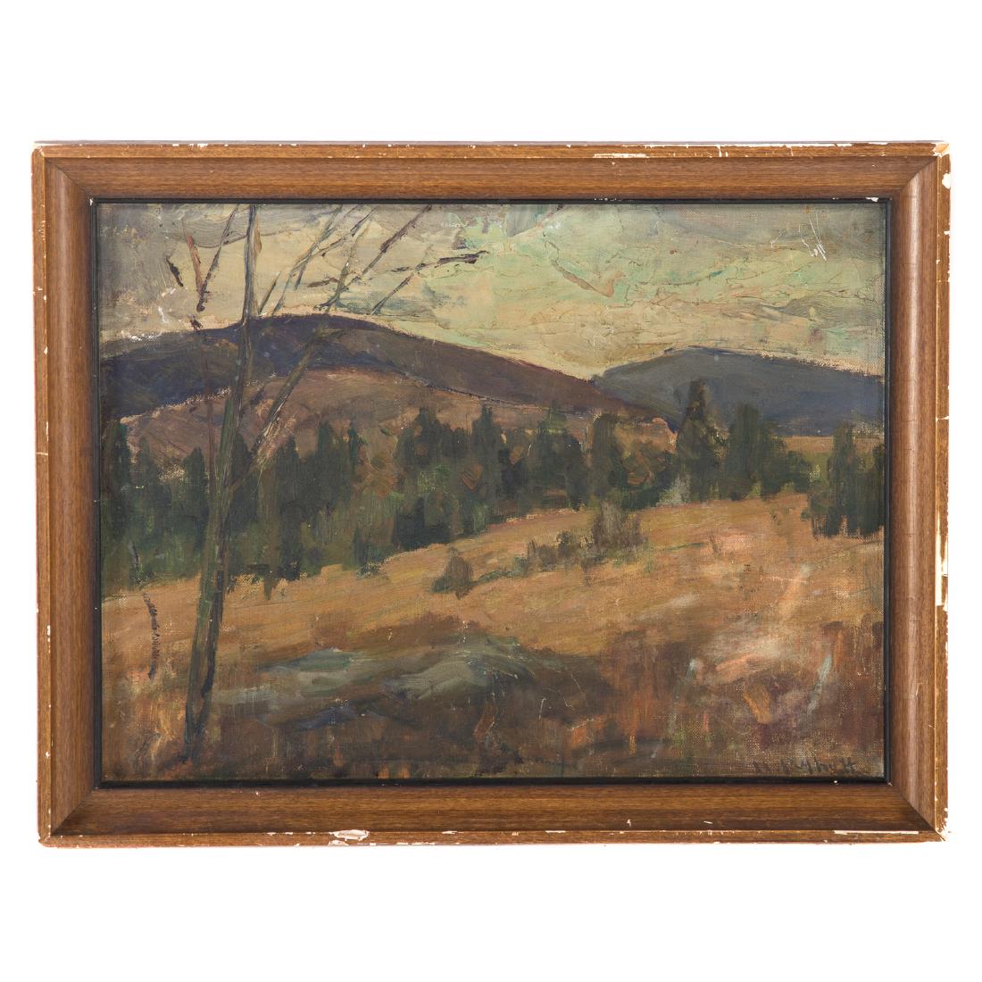 After Hanson Duvall Puthuff. California Landscape, oil: (American, 1875-1972). Oil on artist board, signed "H. Puthuff" lr, 12 x 16 in., framed
