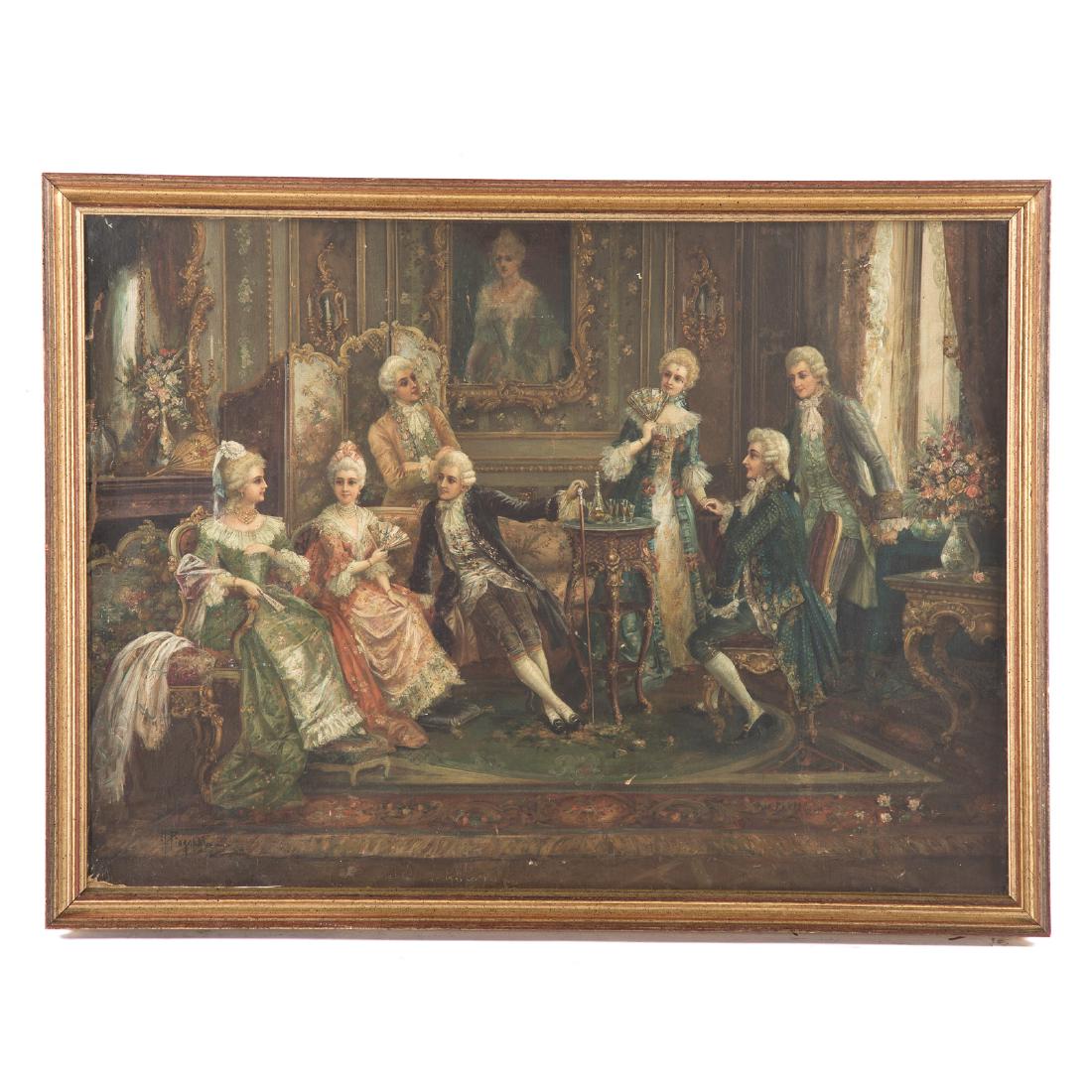 Continental School, c. 1900. Salon Scene, oil: Oil on canvas, signed illegibly ll, 23 x 31 in., framed