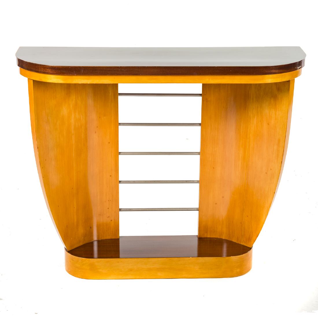 Deco style birch & mahogany console table: 20th century; shaped mahogany top, curved birch standards with five central tubular metal supports, mahogany and birch plinth base, 32 1/2 in. H., 39 1/2 in. W., 12 1/2 in. D.