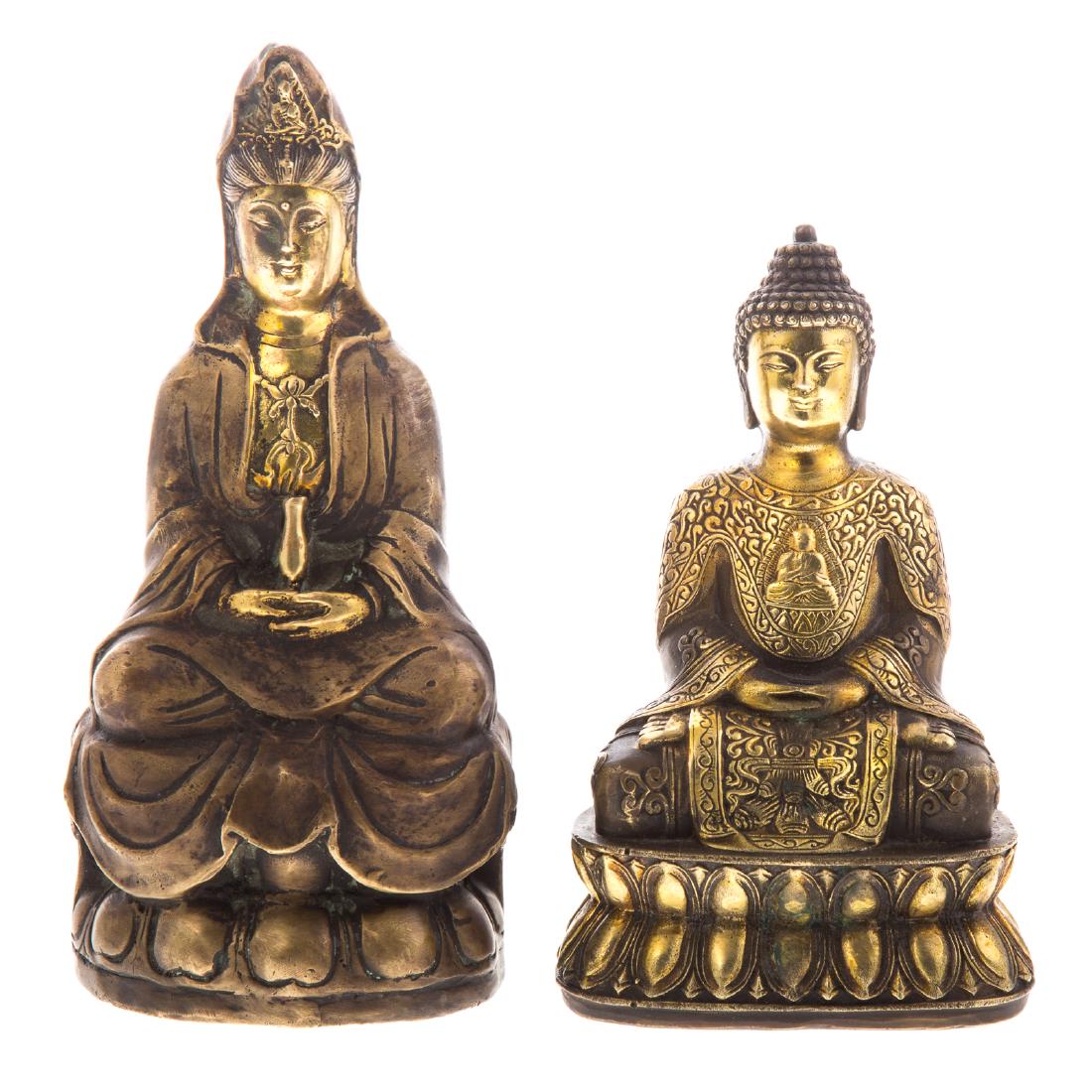 Chinese gilt bronze Buddha and Bodhisattva: each figure seated on lotus leaf, 7 and 8 1/2 in. H.