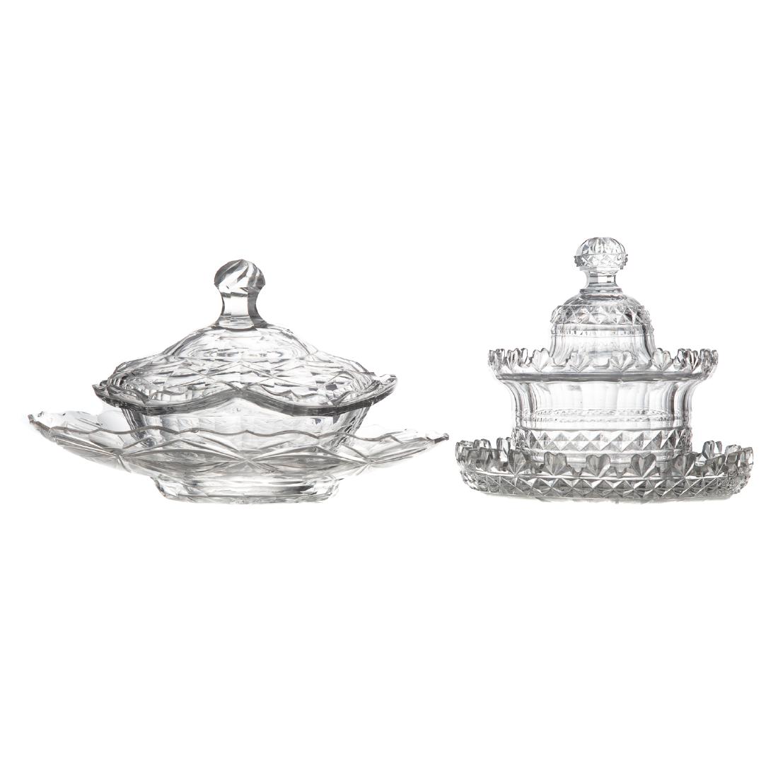 Five Anglo-Irish cut glass table articles: 19th century; including: butter tub with underplate, sauce tureen with underplate, and cream jug, 4 to 6 in. H.; Estate of Dr. William M. King, Fort Lauderdale, FL.