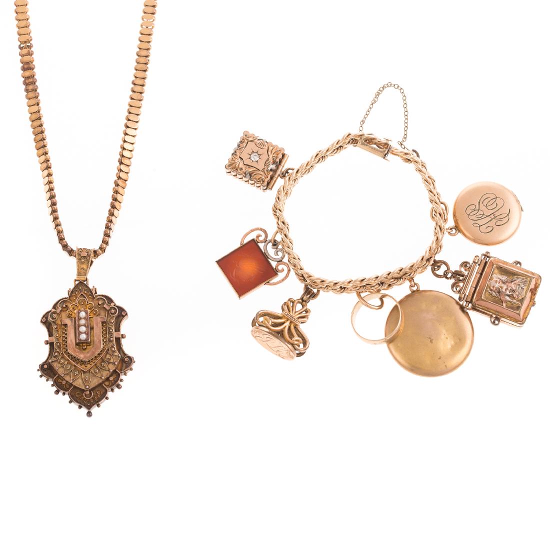 A Ladies Victorian Locket & Vintage Charm Bracelet: 1) Gilt locket and chain with English hallmarks, featuring 4 seed pearls and intricate rope detailing and granulation, box clasp, 20.5 in. L, and 2) gold plated wide charm bracelet decorated with vint